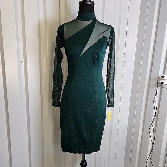 Tadashi Shoji Dresses & Skirts - Tadashi Shoji Vintage Dark Green Mesh Insert Long Sleeve Dress Size Small